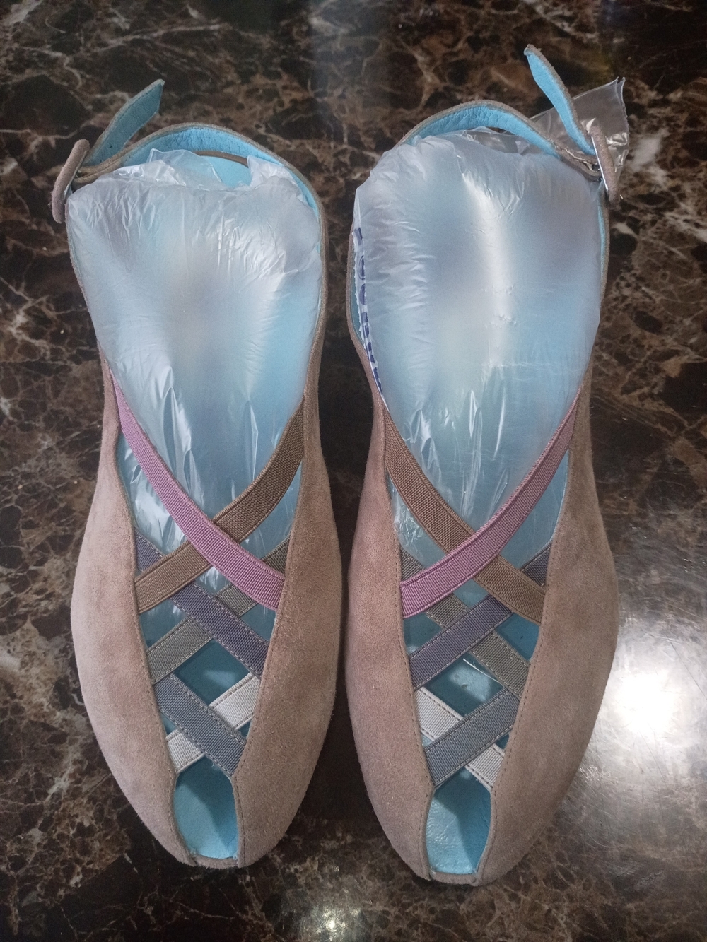 Thierry Rabotin Taupe Suede Peep-Toe Sandals with Multicolor Elastic Straps